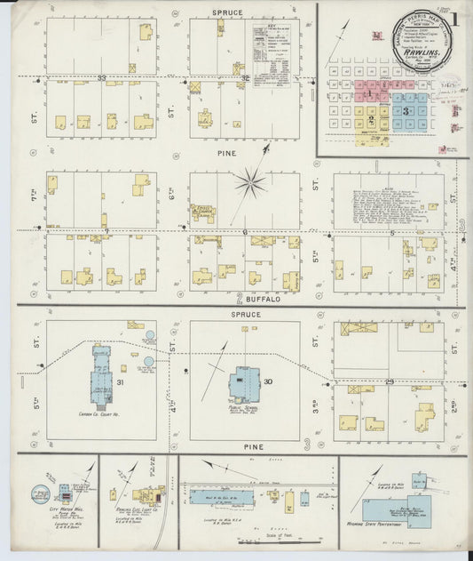 Sanborn Fire Insurance Map from Rawlins, Carbon County, Wyoming (1894), Sheet #0001 - Historic Sanborn Fire Insurance Map Print, vintage old map wall art, antique decor, genealogy gift, Wyoming Wyoming map