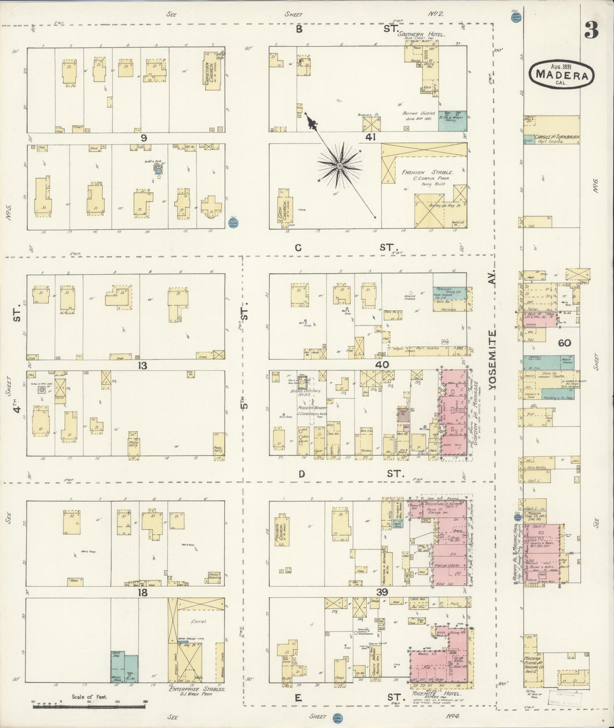 Sanborn Fire Insurance Map from Madera, Madera County, California (1891), Sheet #0003 - Complete Map Set gallery image, historic Sanborn map, vintage wall art, California California