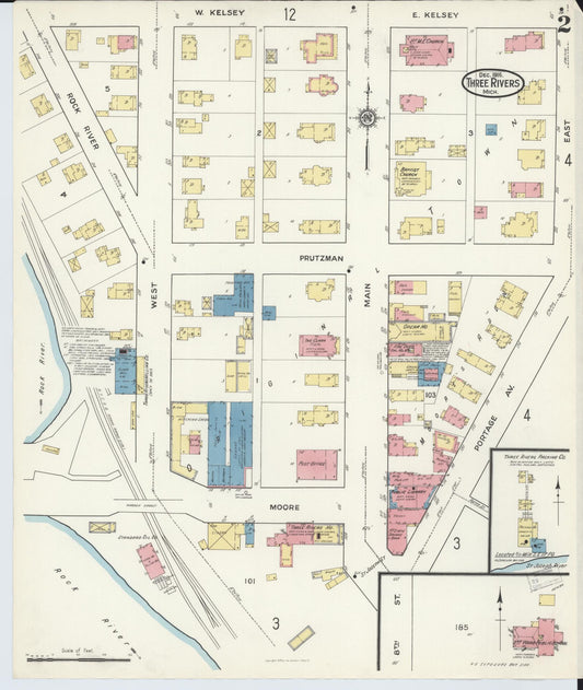 Sanborn Fire Insurance Map from Three Rivers, Saint Joseph County, Michigan (1916), Sheet #0002 - Historic Sanborn Fire Insurance Map Print, vintage old map wall art, antique decor, genealogy gift, Michigan Michigan map