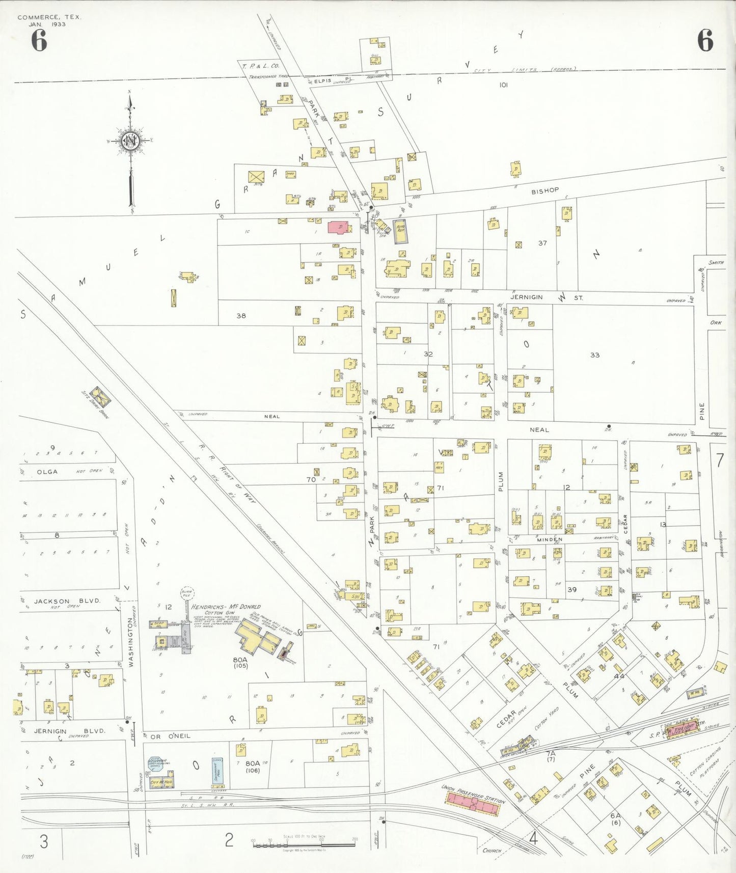 Sanborn Fire Insurance Map from Commerce, Hunt County, Texas (1933), Sheet #0006 - Historic Sanborn Fire Insurance Map Print, vintage old map wall art, antique decor, genealogy gift, Texas Texas map