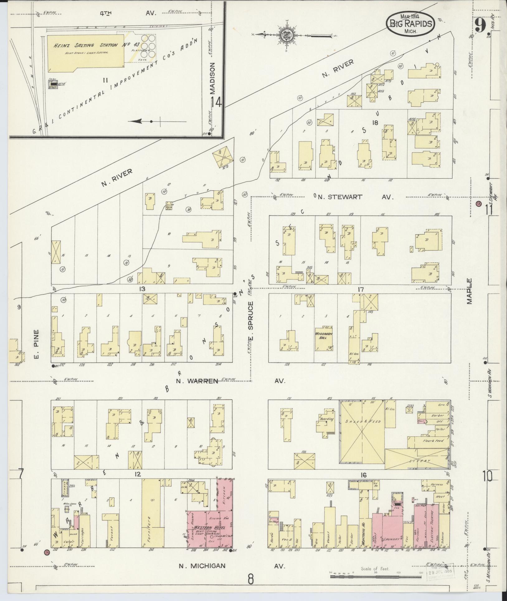 Sanborn Fire Insurance Map from Big Rapids, Mecosta County, Michigan (1914), Sheet #0009 - Historic Sanborn Fire Insurance Map Print, vintage old map wall art, antique decor, genealogy gift, Michigan Michigan map