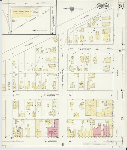 Sanborn Fire Insurance Map from Big Rapids, Mecosta County, Michigan (1914), Sheet #0009 - Historic Sanborn Fire Insurance Map Print, vintage old map wall art, antique decor, genealogy gift, Michigan Michigan map