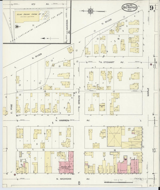 Sanborn Fire Insurance Map from Big Rapids, Mecosta County, Michigan (1914), Sheet #0009 - Historic Sanborn Fire Insurance Map Print, vintage old map wall art, antique decor, genealogy gift, Michigan Michigan map