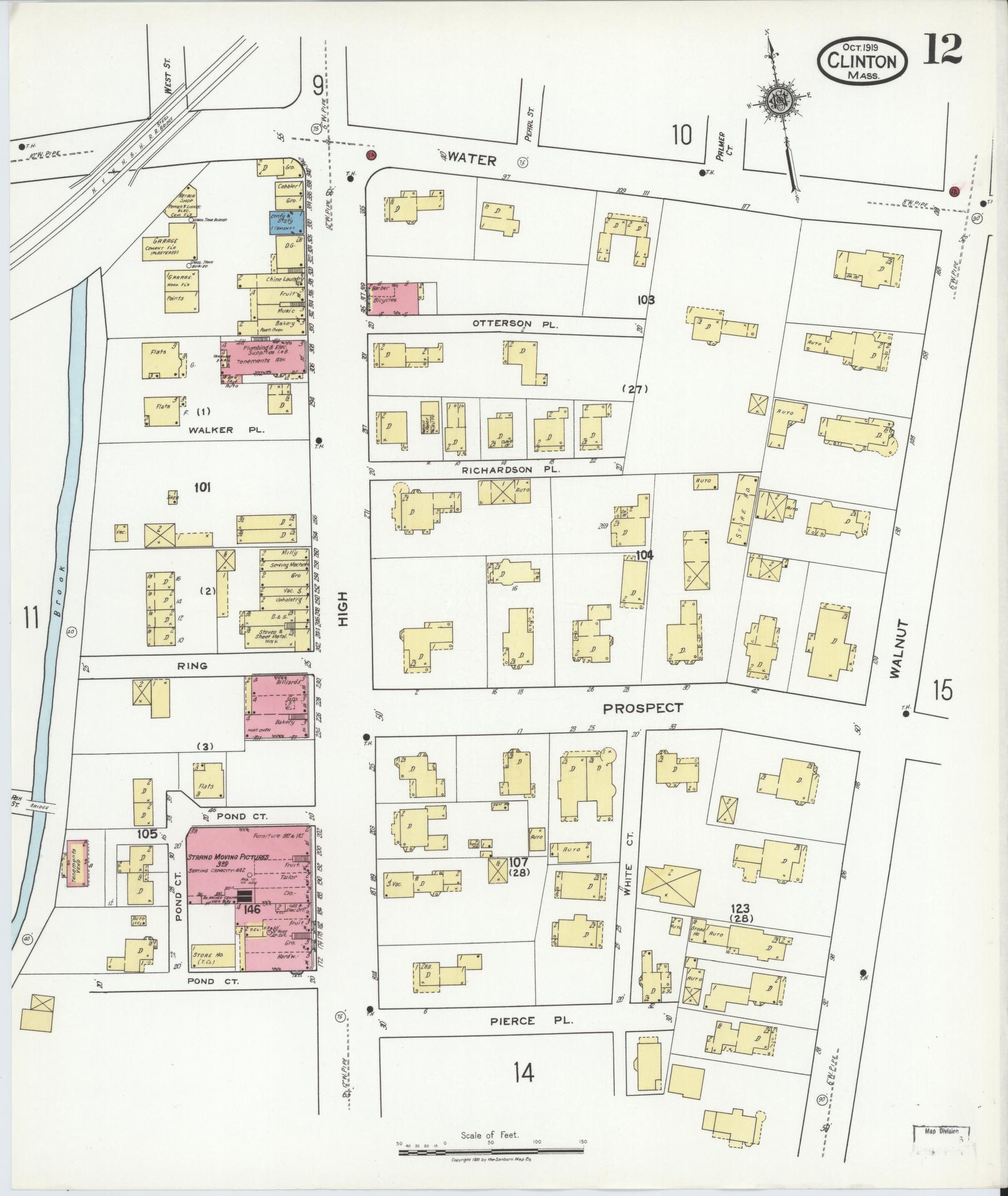 Sanborn Fire Insurance Map from Clinton, Worcester County, Massachusetts (1919), Sheet #0012 - Historic Sanborn Fire Insurance Map Print, vintage old map wall art, antique decor, genealogy gift, Massachusetts Massachusetts map