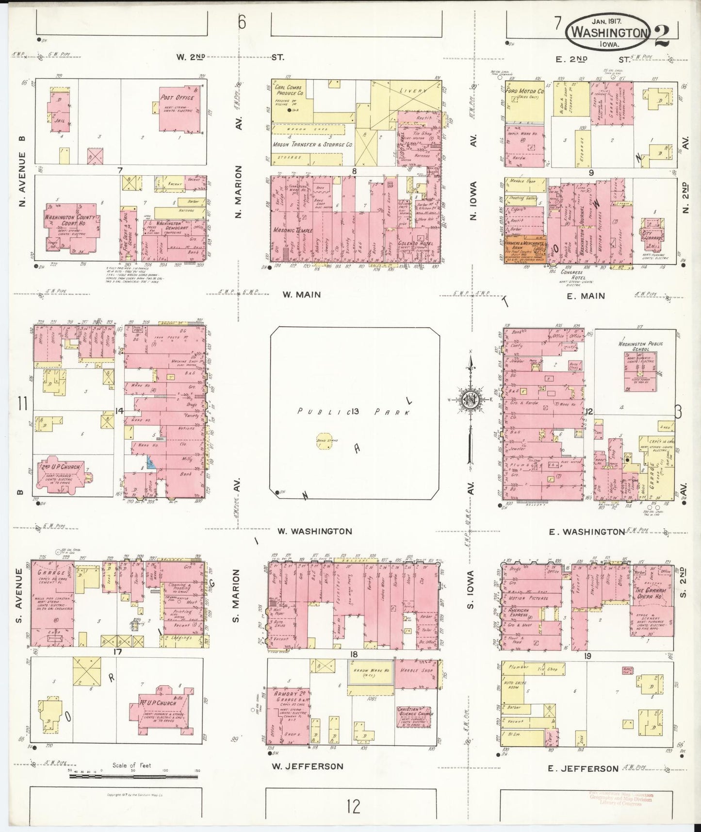 Sanborn Fire Insurance Map from Washington, Washington County, Iowa (1917), Sheet #0002 - Historic Sanborn Fire Insurance Map Print, vintage old map wall art