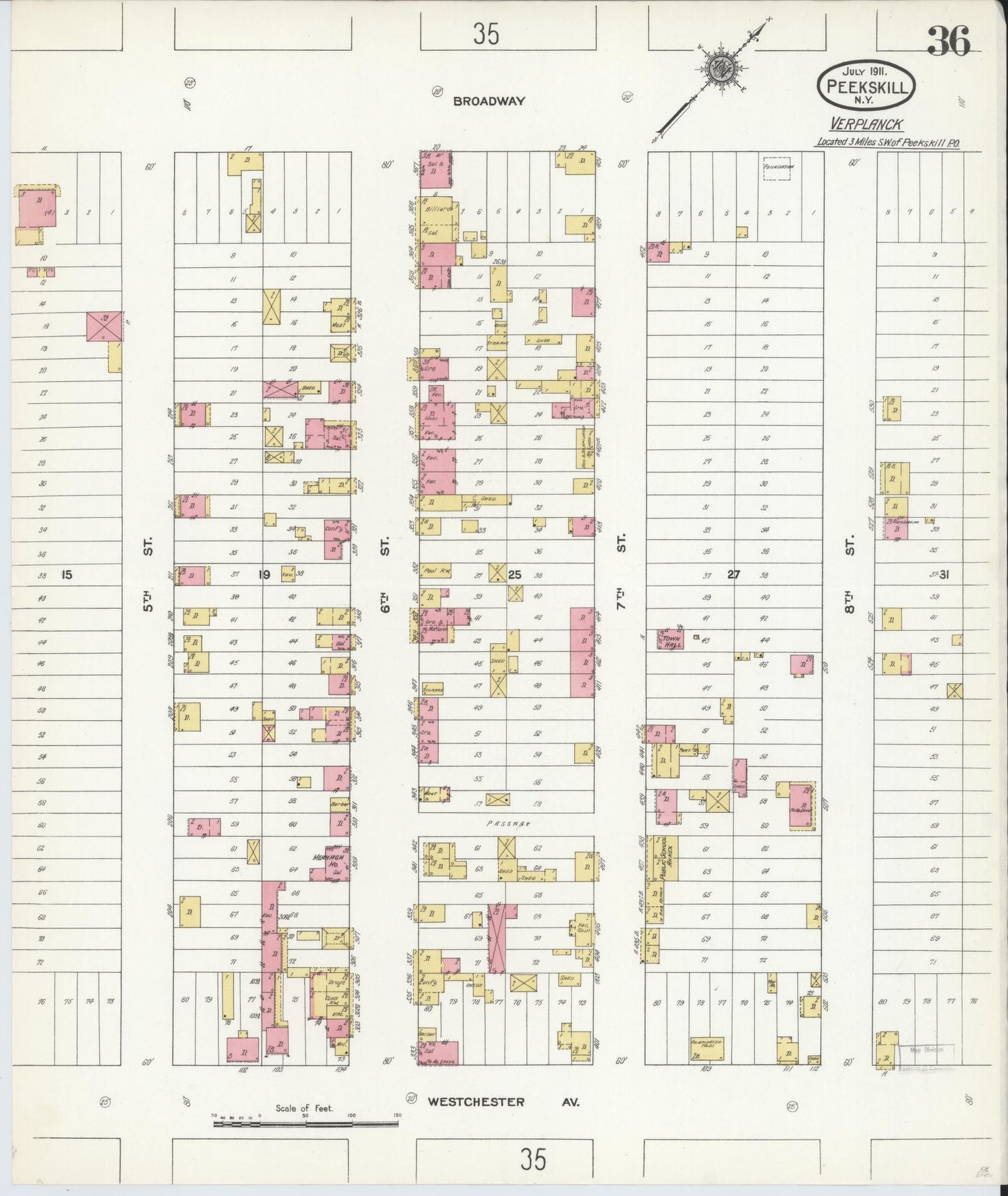 Sanborn Fire Insurance Map from Peekskill, Westchester County, New York (1911), Sheet #0036 - Historic Sanborn Fire Insurance Map Print, vintage old map wall art, antique decor, genealogy gift, New York New York map