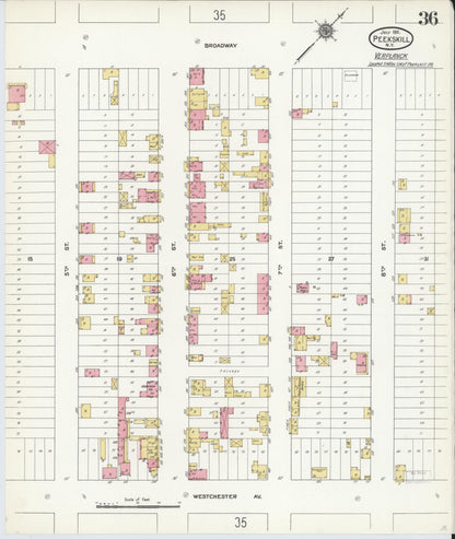 Sanborn Fire Insurance Map from Peekskill, Westchester County, New York (1911), Sheet #0036 - Historic Sanborn Fire Insurance Map Print, vintage old map wall art, antique decor, genealogy gift, New York New York map