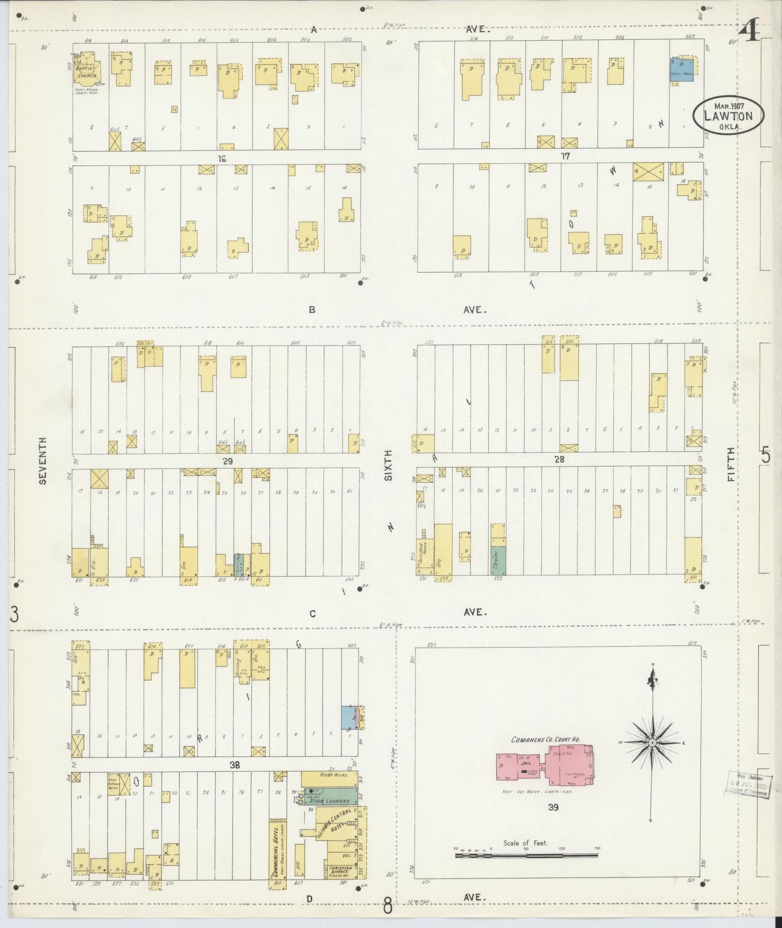 Sanborn Fire Insurance Map from Lawton, Comanche County, Oklahoma (1907), Sheet #0004 - Historic Sanborn Fire Insurance Map Print, vintage old map wall art, antique decor, genealogy gift, Oklahoma Oklahoma map