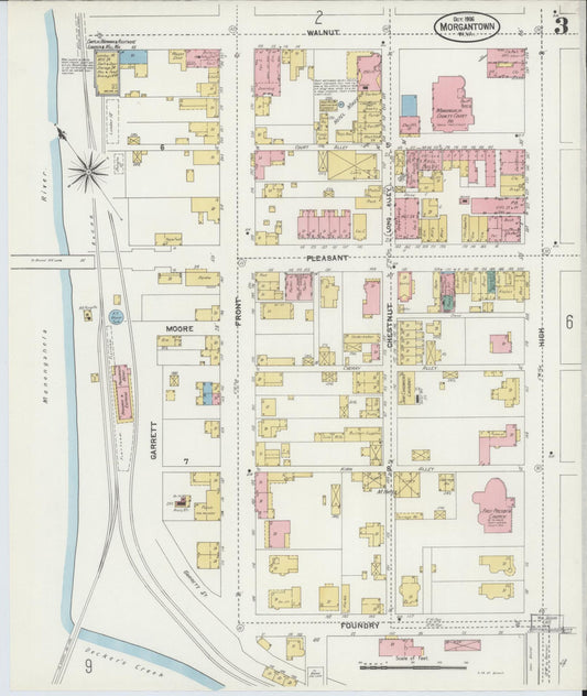 Sanborn Fire Insurance Map from Morgantown, Monongalia County, West Virginia (1906), Sheet #0003 - Historic Sanborn Fire Insurance Map Print, vintage old map wall art, antique decor, genealogy gift, West Virginia West Virginia map