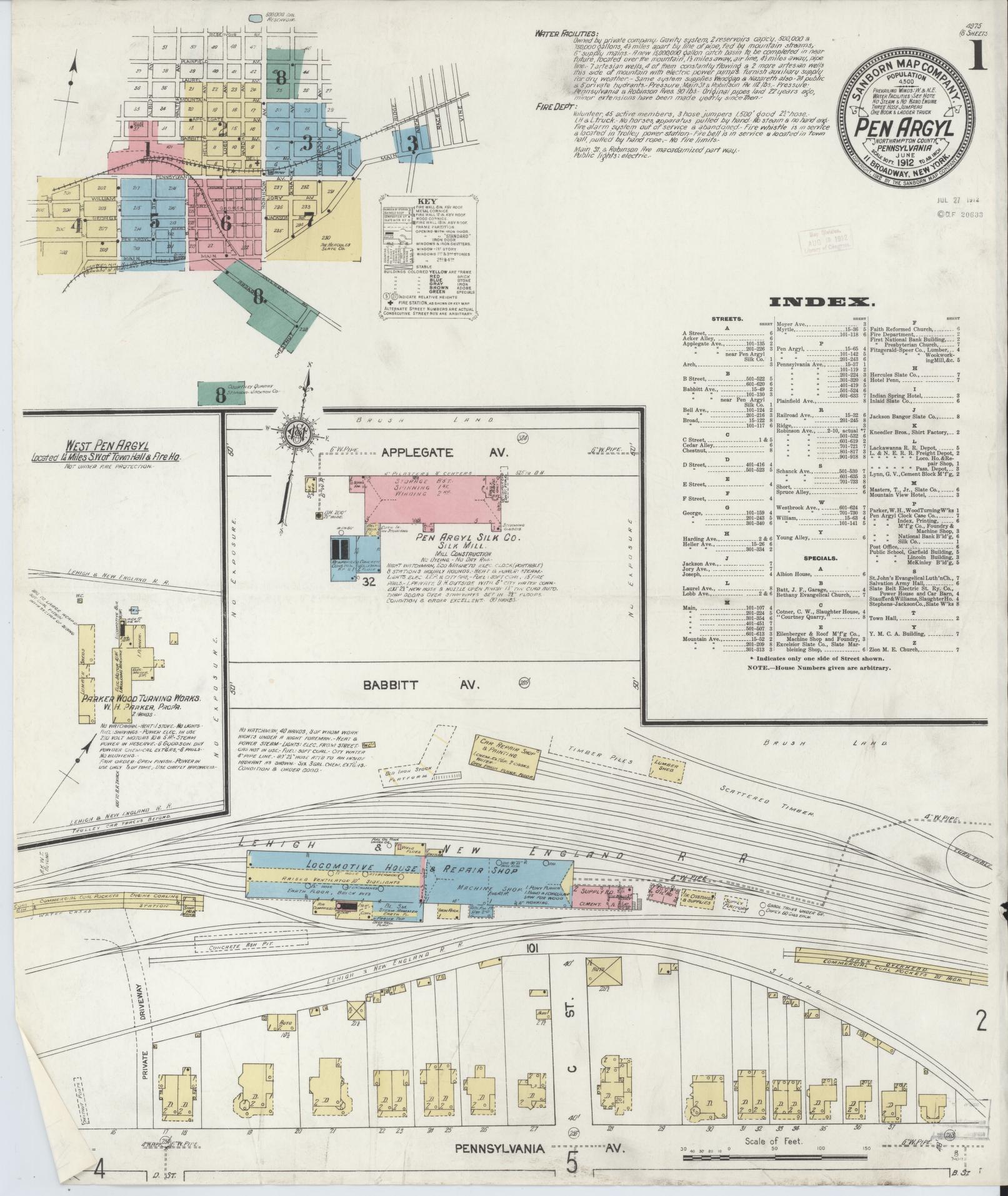 Sanborn Fire Insurance Map from Pen Argyl, Northampton County, Pennsylvania (1912), Sheet #0001 - Complete Map Set gallery image, historic Sanborn map, vintage wall art, Pennsylvania Pennsylvania