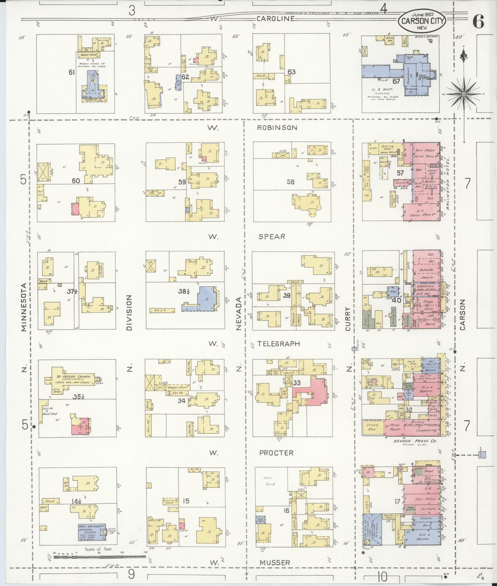 Sanborn Fire Insurance Map from Carson City, Carson City County, Nevada (1907), Sheet #0006 - Historic Sanborn Fire Insurance Map Print, vintage old map wall art, antique decor, genealogy gift, Nevada Nevada map