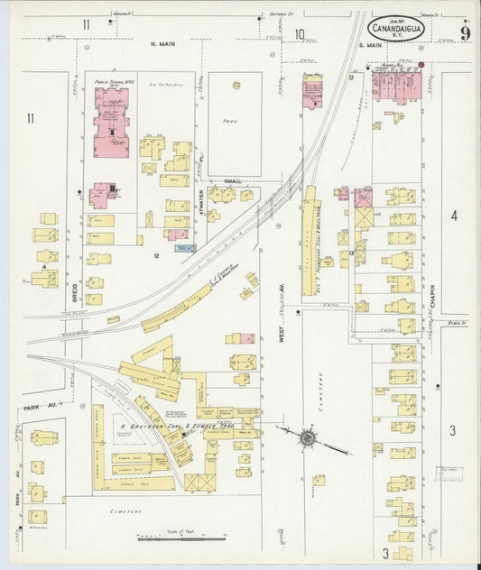 Sanborn Fire Insurance Map from Canandaigua, Ontario County, New York (1911), Sheet #0009 - Historic Sanborn Fire Insurance Map Print, vintage old map wall art, antique decor, genealogy gift, New York New York map
