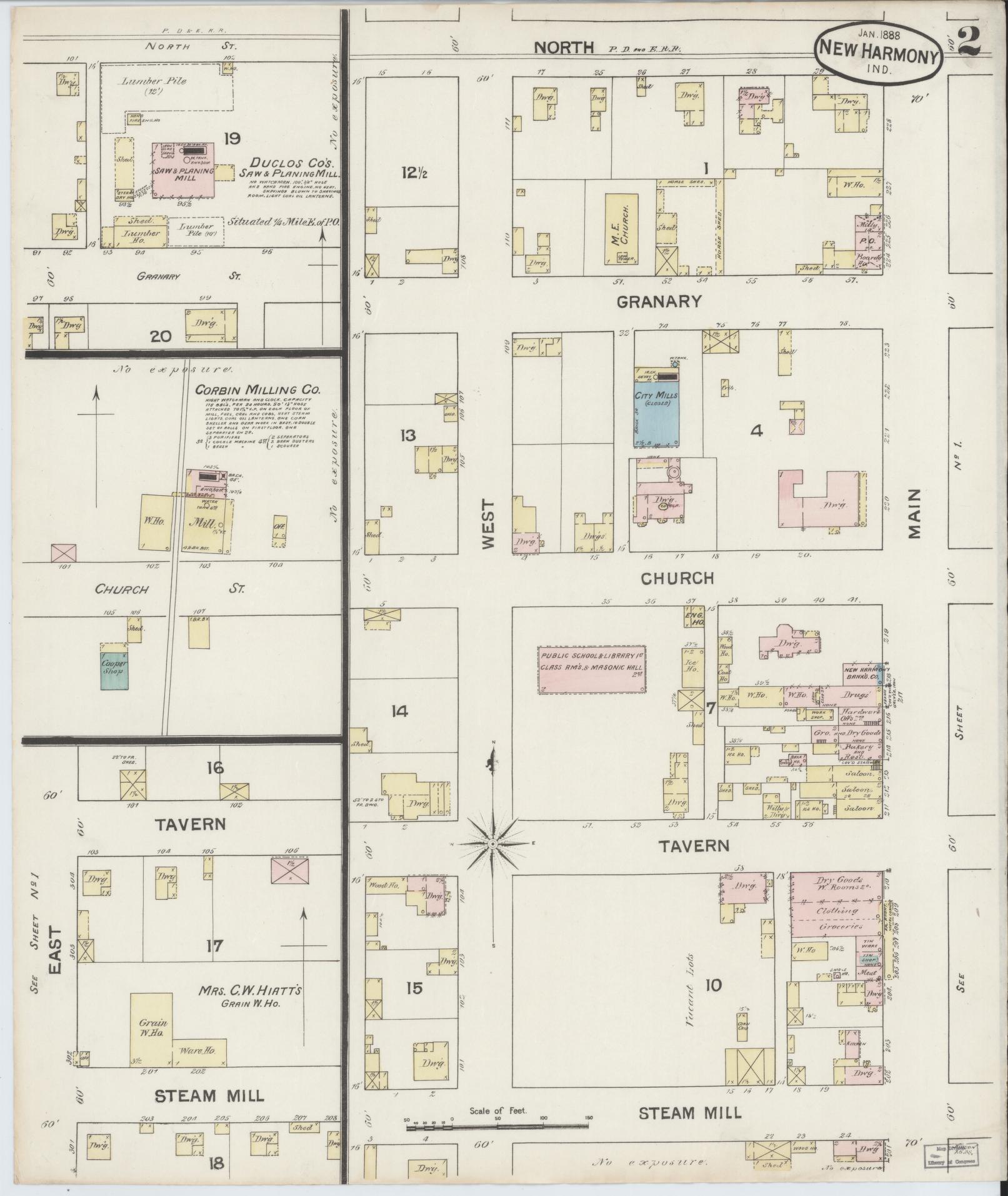 Sanborn Fire Insurance Map from New Harmony, Posey County, Indiana (1888), Sheet #0002 - Complete Map Set gallery image, historic Sanborn map, vintage wall art, Indiana Indiana