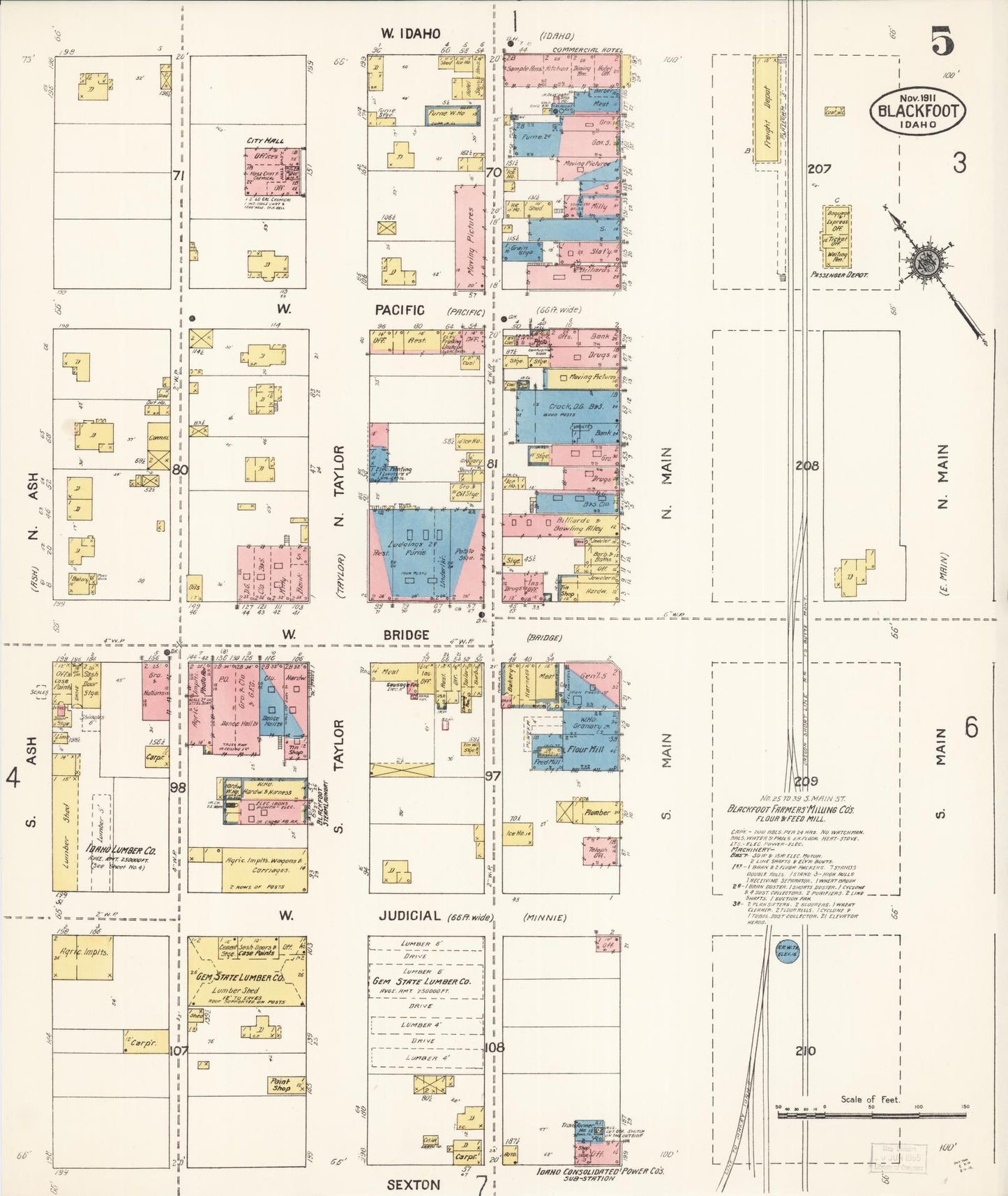Sanborn Fire Insurance Map from Blackfoot, Bingham County, Idaho (1911), Sheet #0005 - Complete Map Set gallery image, historic Sanborn map, vintage wall art, Idaho Idaho