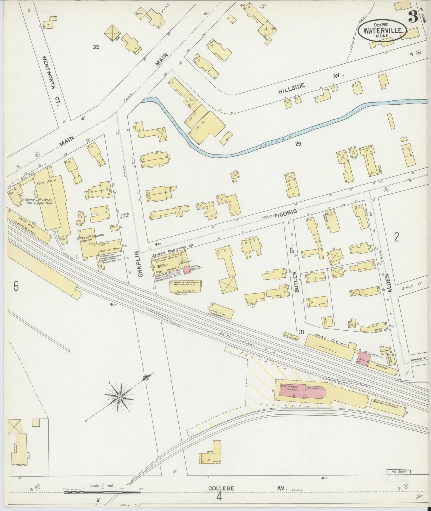Sanborn Fire Insurance Map from Waterville, Kennebec County, Maine (1901), Sheet #0003 - Historic Sanborn Fire Insurance Map Print, vintage old map wall art, antique decor, genealogy gift, Maine Maine map