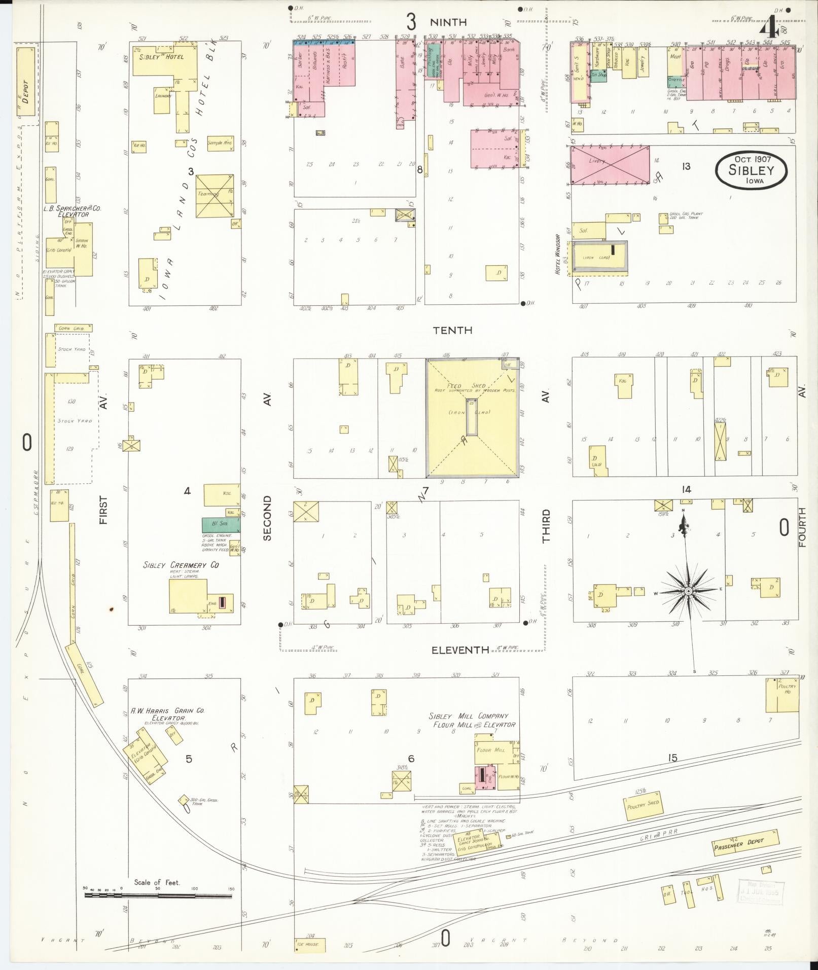 Sanborn Fire Insurance Map from Sibley, Osceola County, Iowa (1907), Sheet #0004 - Historic Sanborn Fire Insurance Map Print, vintage old map wall art