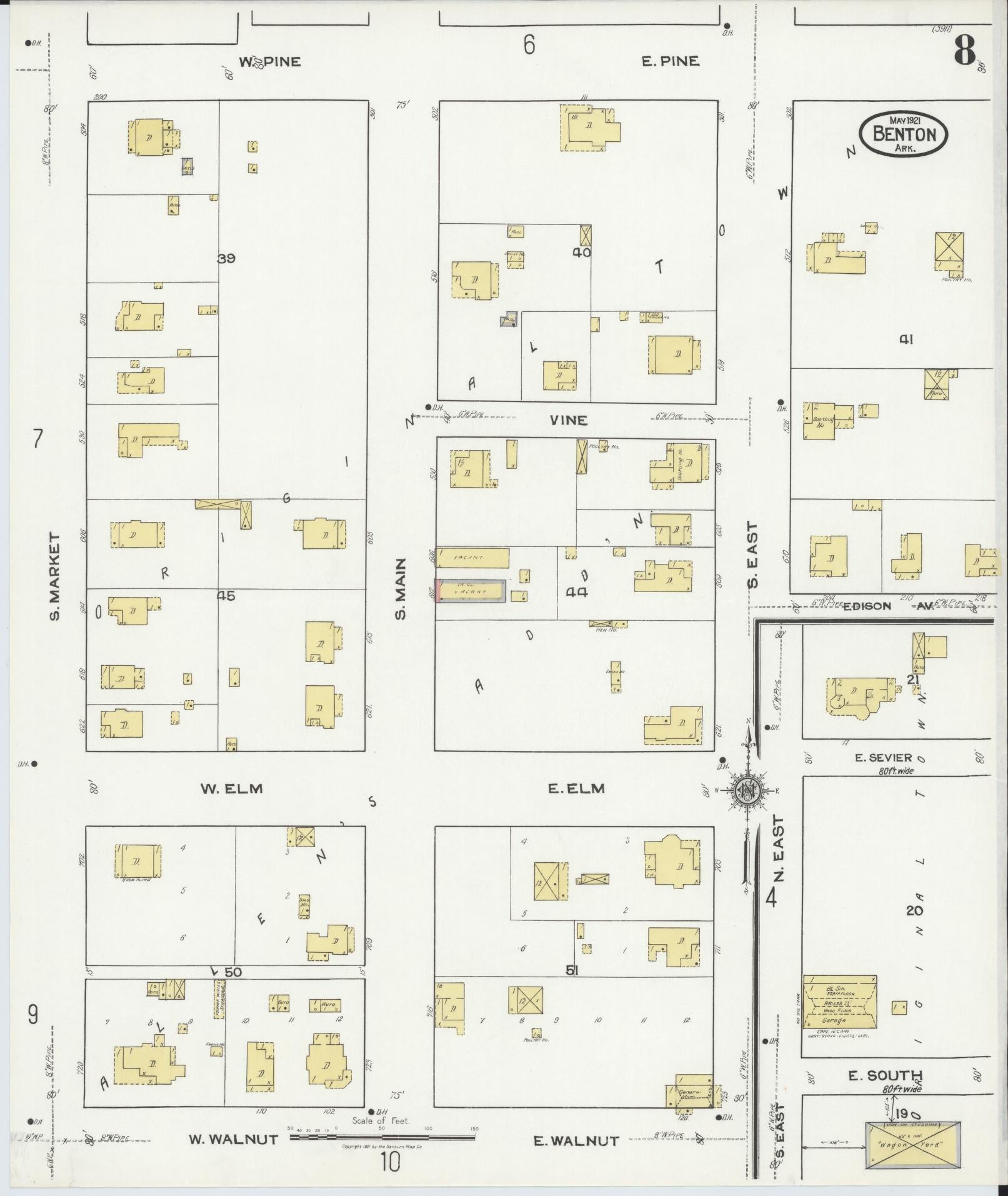 Sanborn Fire Insurance Map from Benton, Saline County, Arkansas (1921), Sheet #0008 - Complete Map Set gallery image, historic Sanborn map, vintage wall art, Arkansas Arkansas