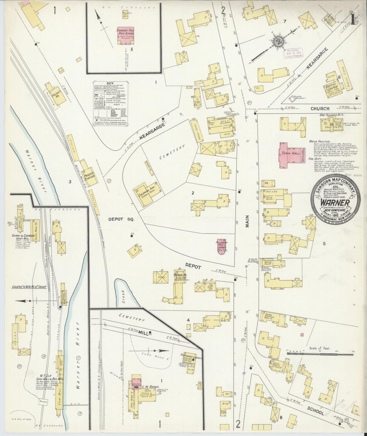 Sanborn Fire Insurance Map from Warner, Sullivan County, New Hampshire (1912), Sheet #0001 - Complete Map Set gallery image, historic Sanborn map, vintage wall art, New Hampshire New Hampshire
