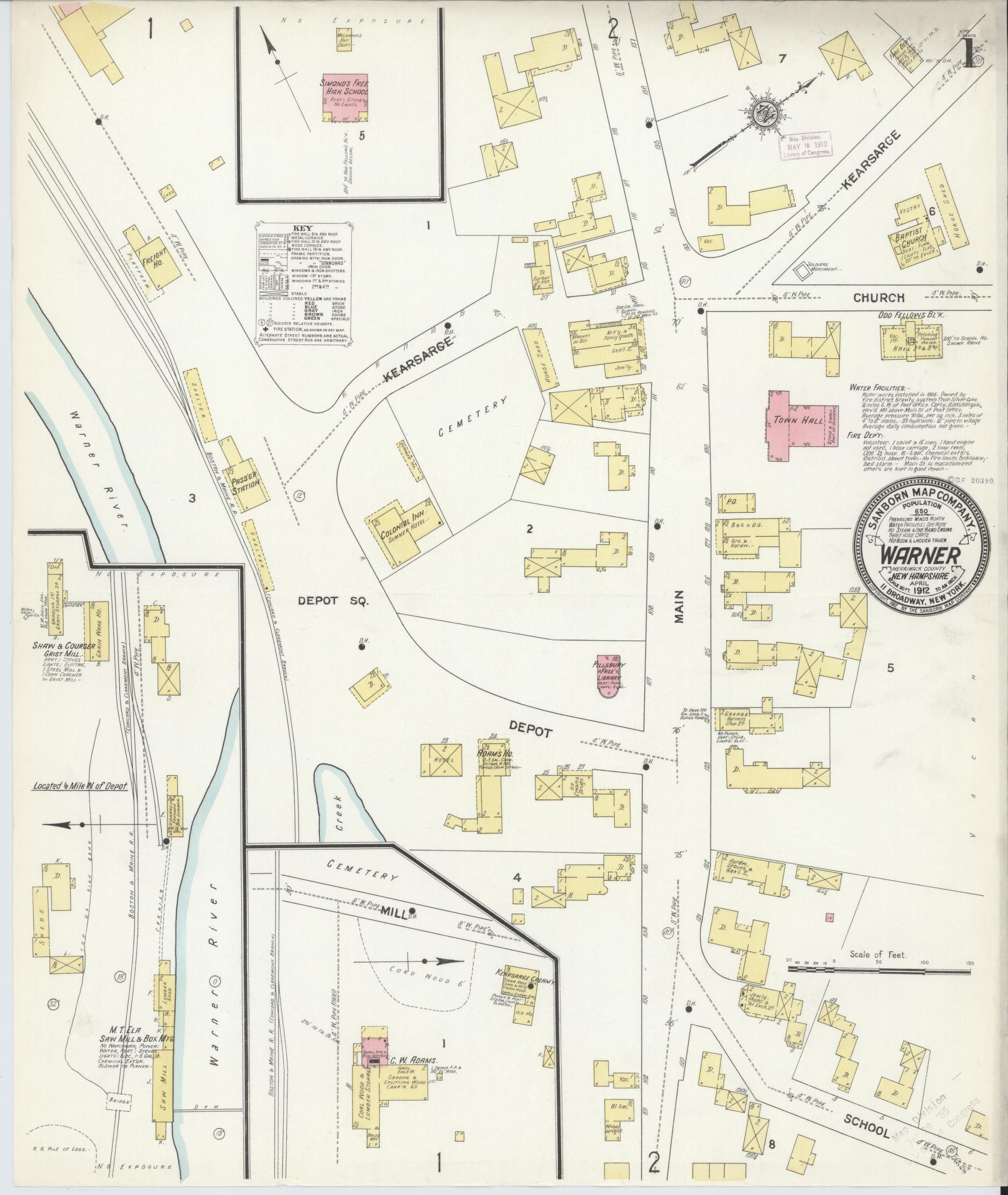 Sanborn Fire Insurance Map from Warner, Sullivan County, New Hampshire (1912), Sheet #0001 - Complete Map Set gallery image, historic Sanborn map, vintage wall art, New Hampshire New Hampshire
