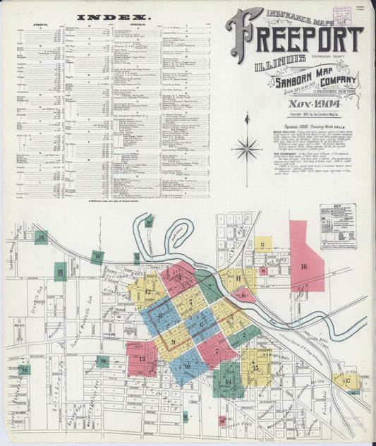 Sanborn Fire Insurance Map from Freeport, Stephenson County, Illinois (1904), Sheet #0001 - Historic Sanborn Fire Insurance Map Print, vintage old map wall art, antique decor, genealogy gift, Illinois Illinois map