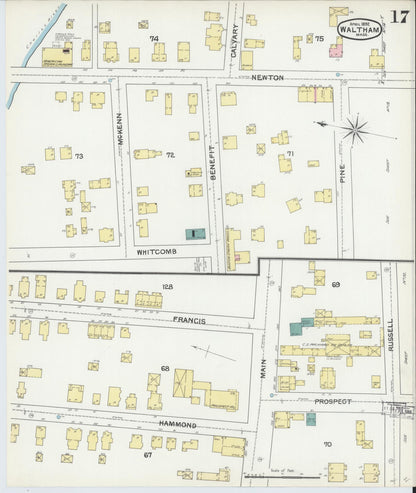 Sanborn Fire Insurance Map from Waltham, Middlesex County, Massachusetts (1892), Sheet #0017 - Historic Sanborn Fire Insurance Map Print, vintage old map wall art, antique decor, genealogy gift, Massachusetts Massachusetts map