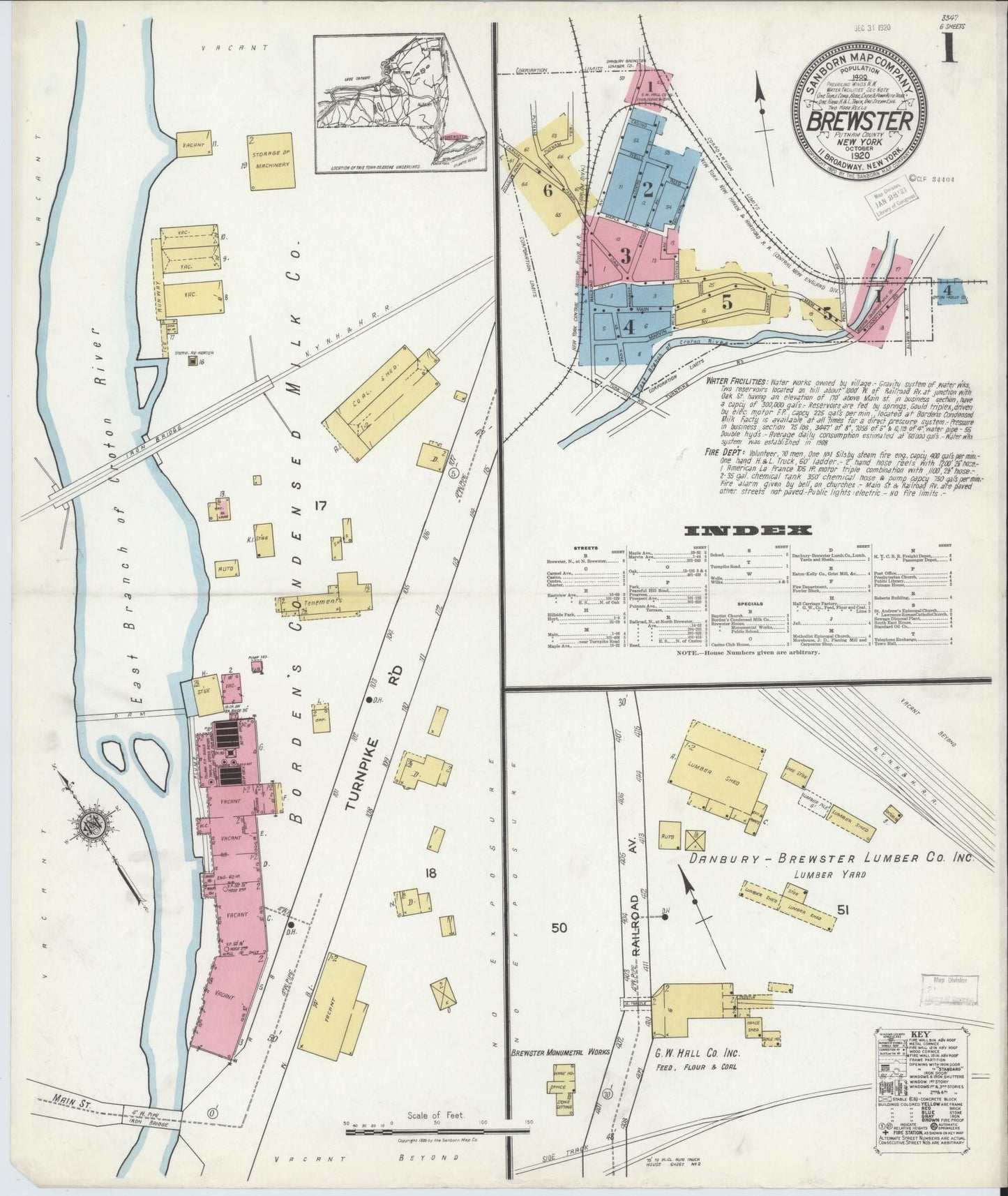 Sanborn Fire Insurance Map from Brewster, Putnam County, New York (1920), Sheet #0001 - Complete Map Set gallery image, historic Sanborn map, vintage wall art, New York New York