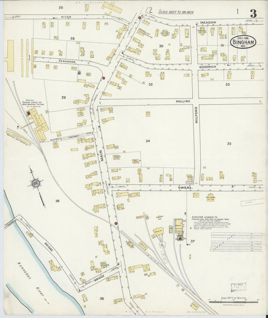 Sanborn Fire Insurance Map from Bingham, Somerset County, Maine (1916), Sheet #0003 - Historic Sanborn Fire Insurance Map Print, vintage old map wall art, antique decor, genealogy gift, Maine Maine map