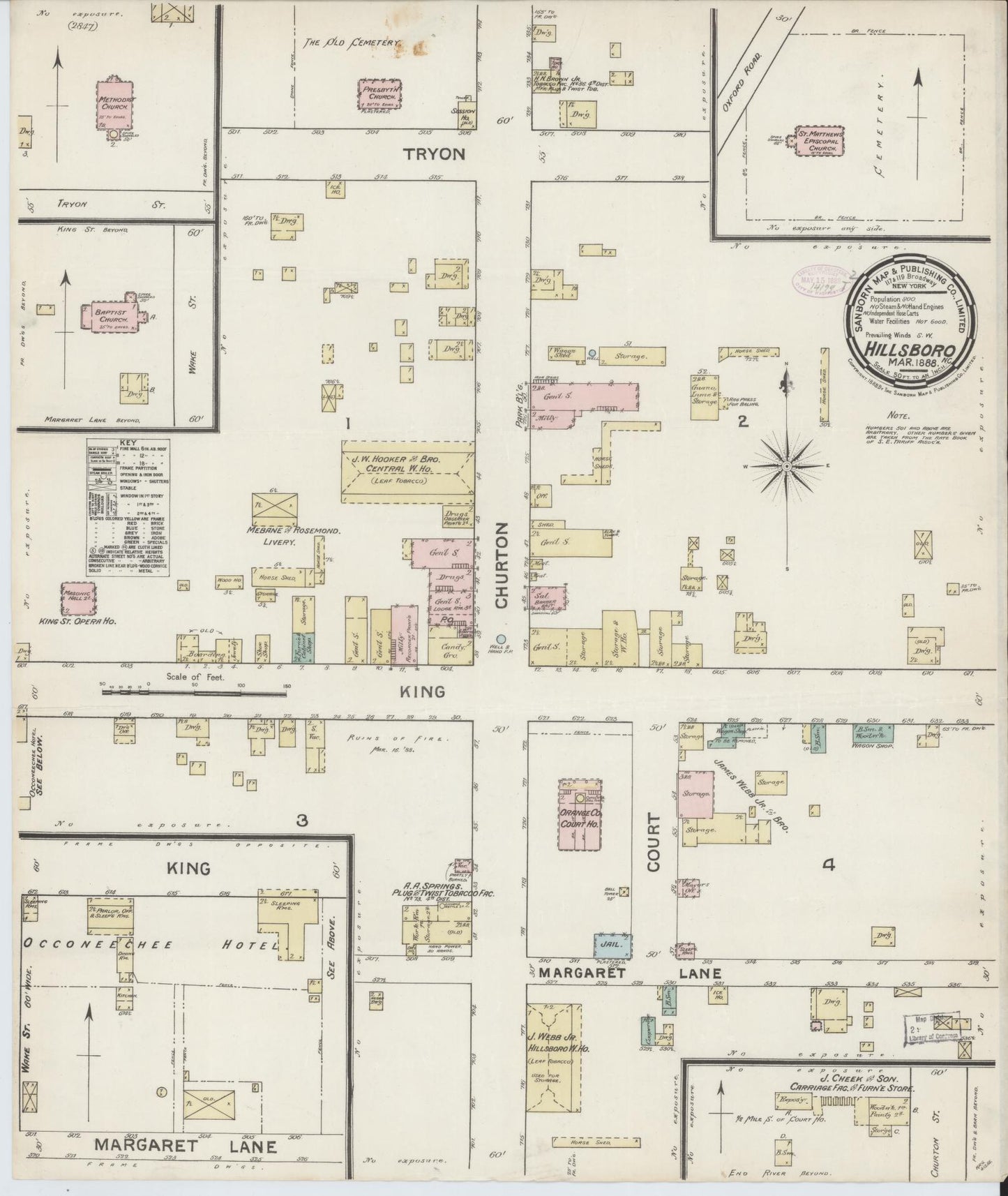 Sanborn Fire Insurance Map from Hillsboro, Orange County, North Carolina (1888), Sheet #0001 - Historic Sanborn Fire Insurance Map Print, vintage old map wall art, antique decor, genealogy gift, North Carolina North Carolina map