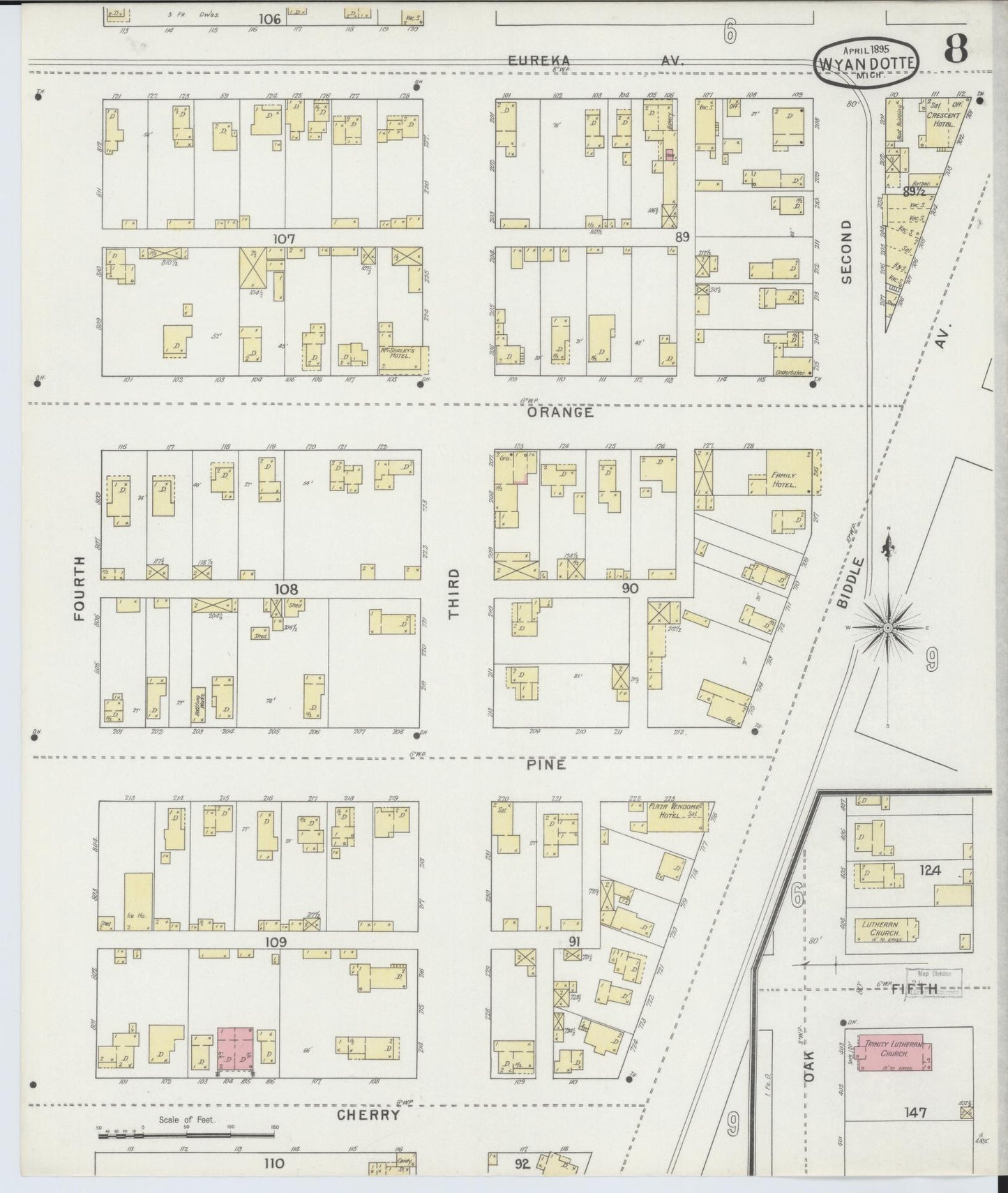 Sanborn Fire Insurance Map from Wyandotte, Wayne County, Michigan (1895), Sheet #0008 - Historic Sanborn Fire Insurance Map Print, vintage old map wall art, antique decor, genealogy gift, Michigan Michigan map