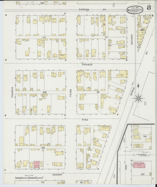 Sanborn Fire Insurance Map from Wyandotte, Wayne County, Michigan (1895), Sheet #0008 - Historic Sanborn Fire Insurance Map Print, vintage old map wall art, antique decor, genealogy gift, Michigan Michigan map