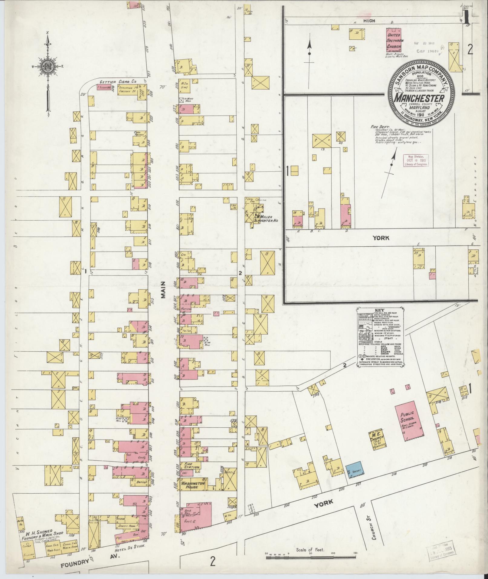 Sanborn Fire Insurance Map from Manchester, Carroll County, Maryland (1911), Sheet #0001 - Historic Sanborn Fire Insurance Map Print, vintage old map wall art, antique decor, genealogy gift, Maryland Maryland map