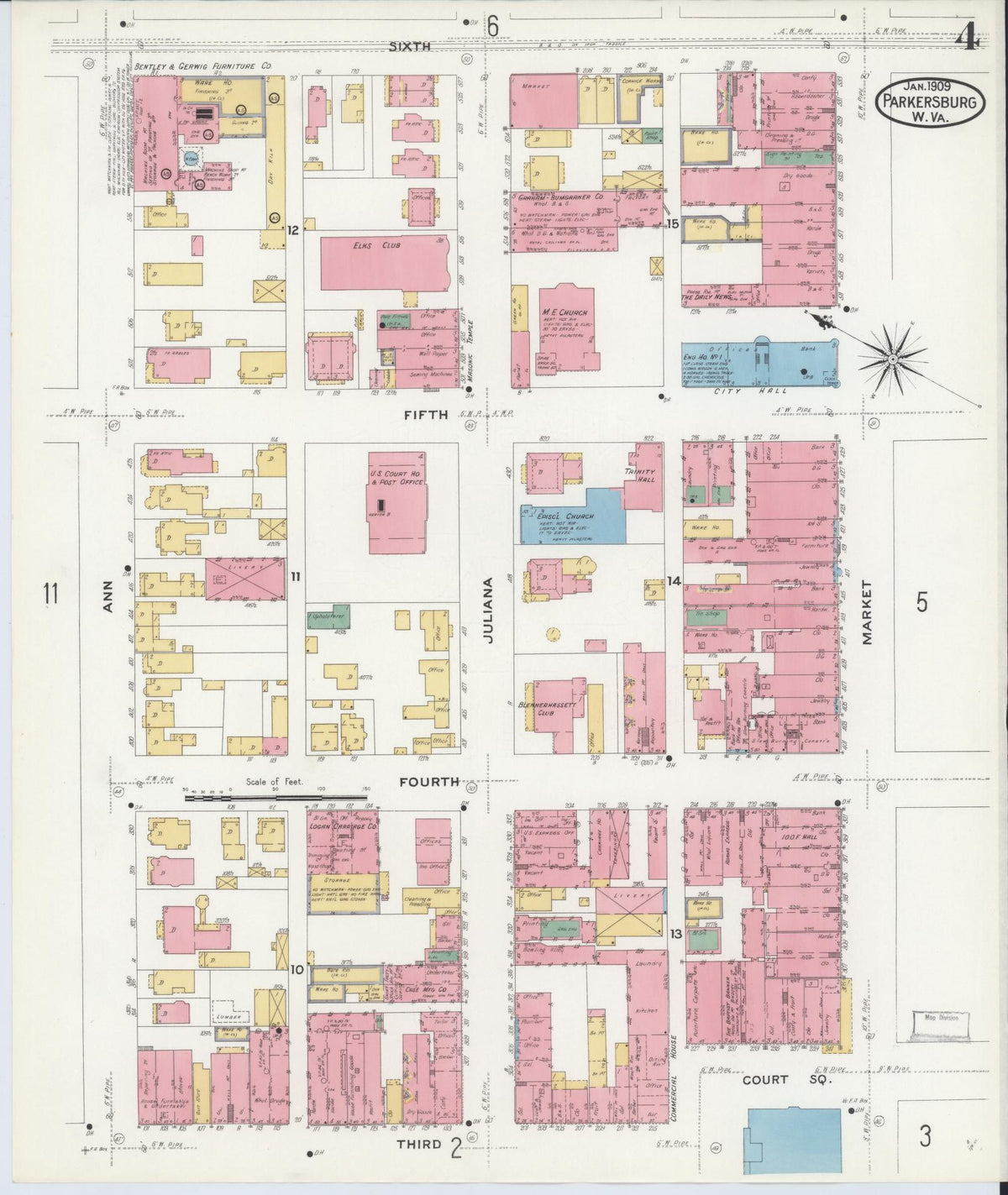 Sanborn Fire Insurance Map from Parkersburg, Wood County, West Virginia (1909), Sheet #0004 - Complete Map Set gallery image, historic Sanborn map, vintage wall art, West Virginia West Virginia