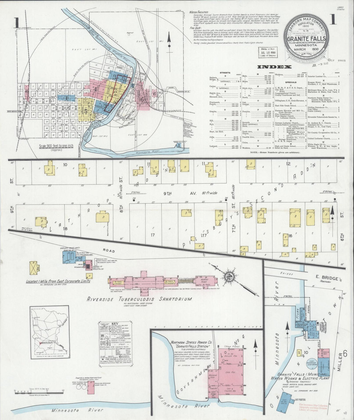 Sanborn Fire Insurance Map from Granite Falls, Yellow Medicine And Chippewa Counties, Minnesota (1930), Sheet #0001 - Complete Map Set gallery image, historic Sanborn map, vintage wall art, Minnesota Minnesota