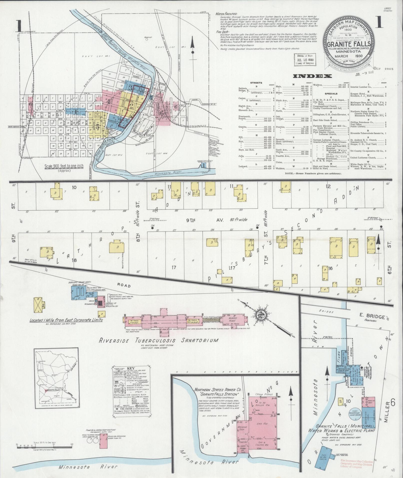 Sanborn Fire Insurance Map from Granite Falls, Yellow Medicine And Chippewa Counties, Minnesota (1930), Sheet #0001 - Complete Map Set gallery image, historic Sanborn map, vintage wall art, Minnesota Minnesota