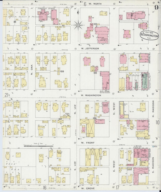 Sanborn Fire Insurance Map from Bloomington, McLean County, Illinois (1896), Sheet #0009 - Historic Sanborn Fire Insurance Map Print, vintage old map wall art, antique decor, genealogy gift, Illinois Illinois map