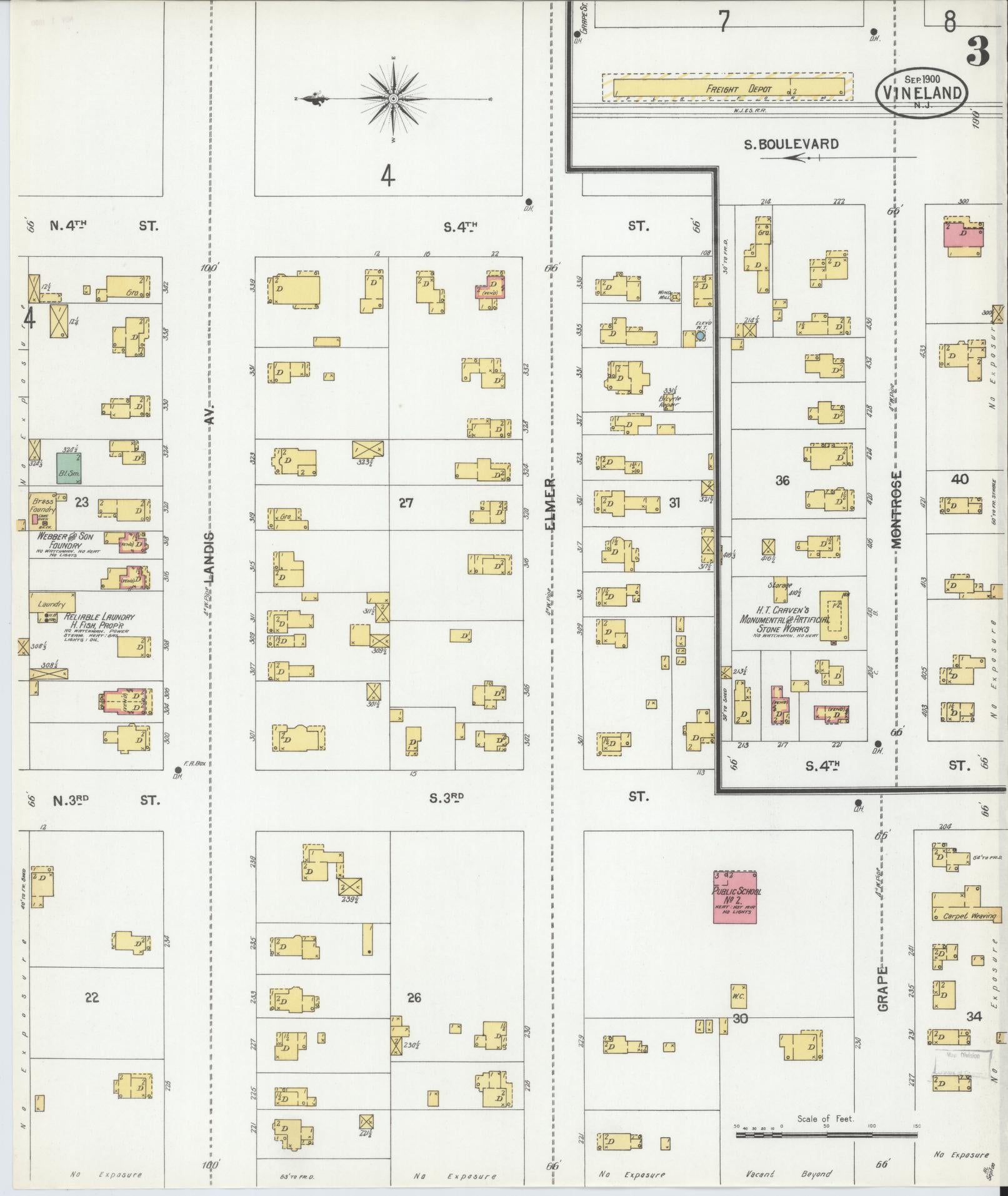 Sanborn Fire Insurance Map from Vineland, Cumberland County, New Jersey (1900), Sheet #0003 - Historic Sanborn Fire Insurance Map Print, vintage old map wall art, antique decor, genealogy gift, New Jersey New Jersey map