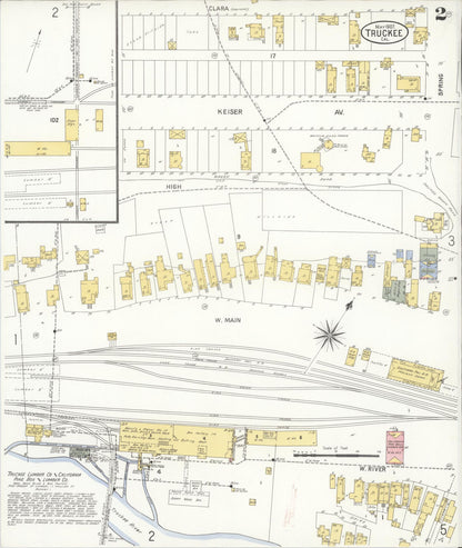Sanborn Fire Insurance Map from Truckee, Nevada County, California (1907), Sheet #0002 - Complete Map Set gallery image, historic Sanborn map, vintage wall art, California California