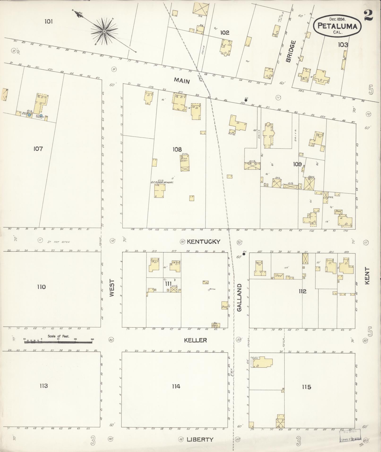 Sanborn Fire Insurance Map from Petaluma, Sonoma County, California (1894), Sheet #0002 - Complete Map Set gallery image, historic Sanborn map, vintage wall art, California California