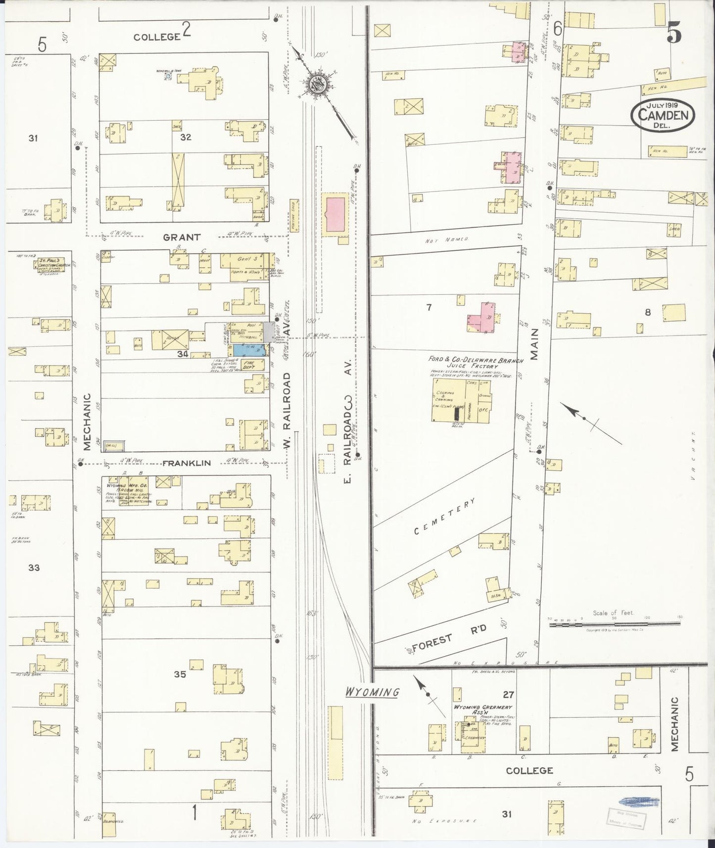 Sanborn Fire Insurance Map from Camden, Kent County, Delaware (1919), Sheet #0005 - Historic Sanborn Fire Insurance Map Print, vintage old map wall art, antique decor, genealogy gift, Wyoming Wyoming map
