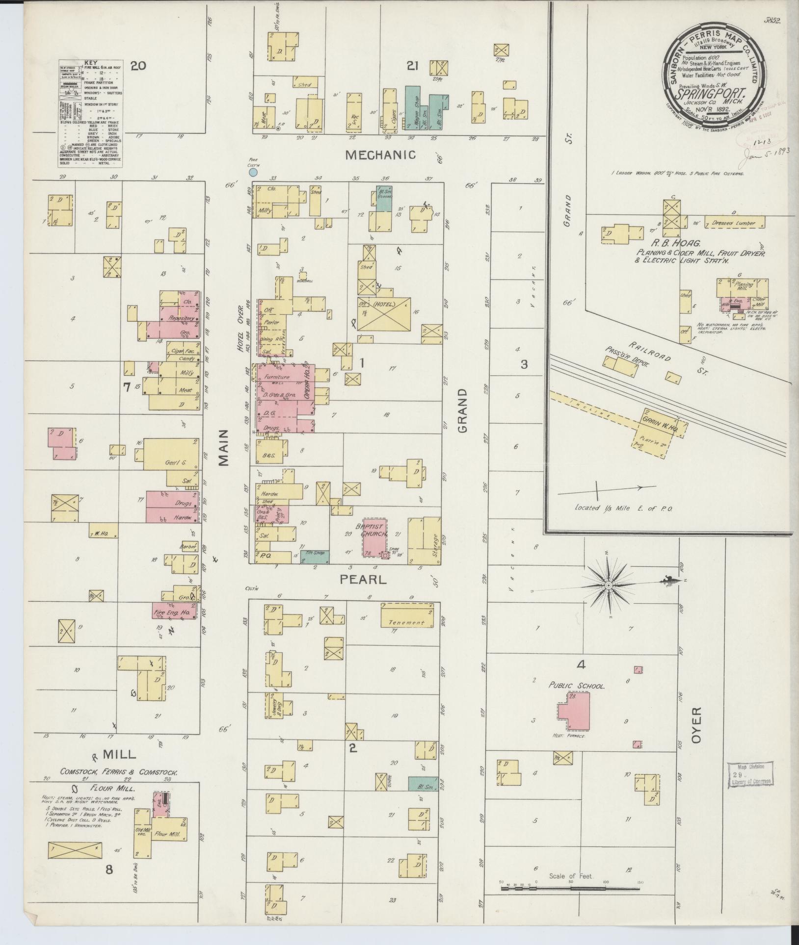 Sanborn Fire Insurance Map from Springport, Jackson County, Michigan (1892), Sheet #0001 - Historic Sanborn Fire Insurance Map Print, vintage old map wall art, antique decor, genealogy gift, Michigan Michigan map