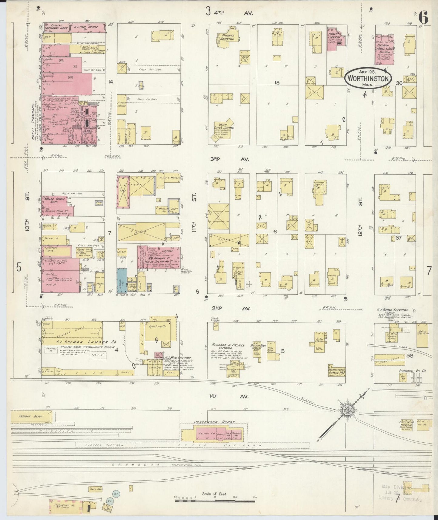 Sanborn Fire Insurance Map from Worthington, Nobles County, Minnesota (1913), Sheet #0006 - Complete Map Set gallery image, historic Sanborn map, vintage wall art, Minnesota Minnesota