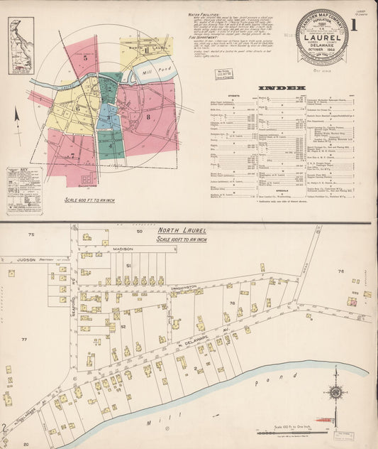 Sanborn Fire Insurance Map from Laurel, Sussex County, Delaware (1922), Sheet #0001 - Historic Sanborn Fire Insurance Map Print, vintage old map wall art, antique decor, genealogy gift, Delaware Delaware map