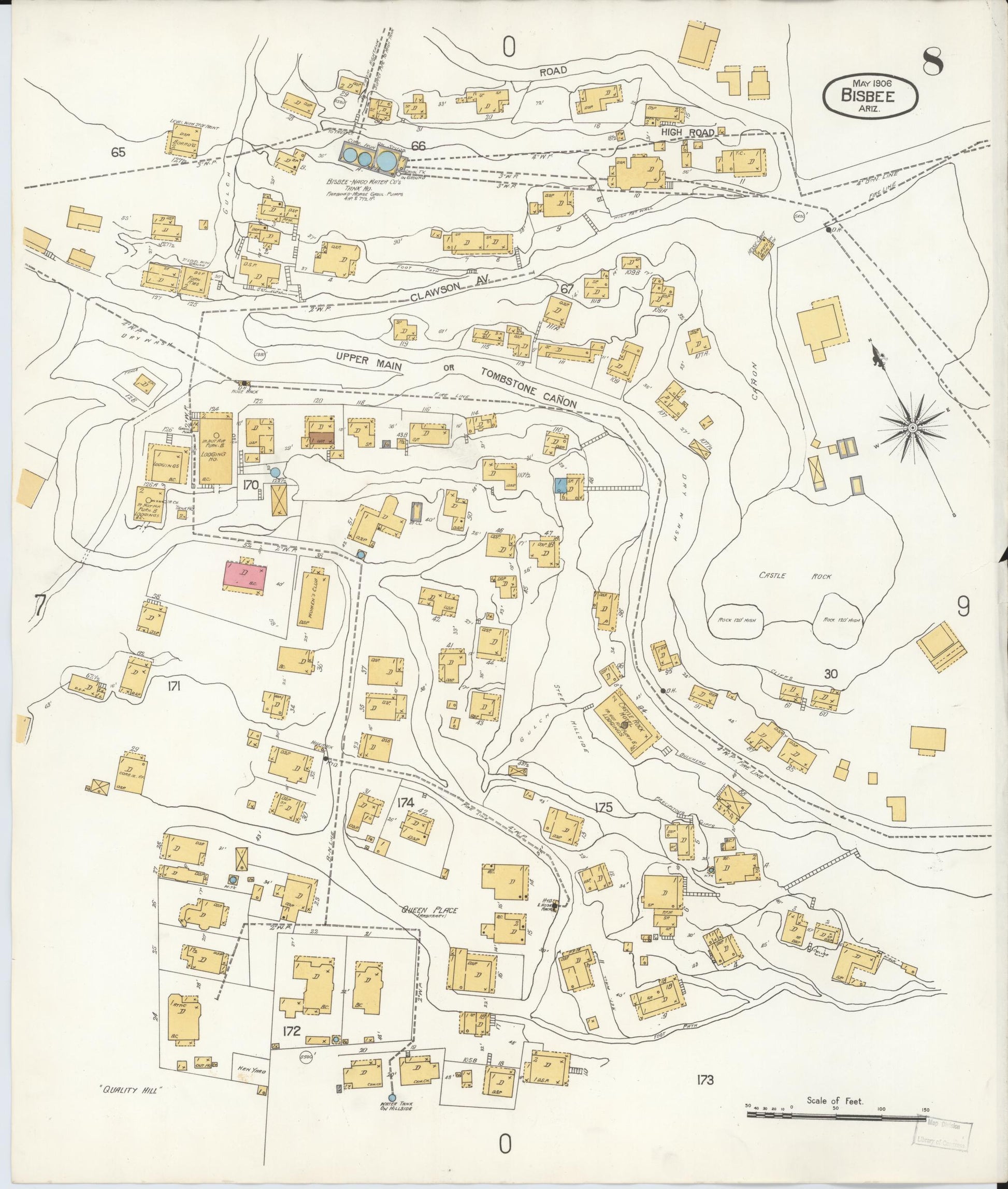 Sanborn Fire Insurance Map from Bisbee, Cochise County, Arizona (1906), Sheet #0008 - Historic Sanborn Fire Insurance Map Print, vintage old map wall art, antique decor, genealogy gift, Arizona Arizona map