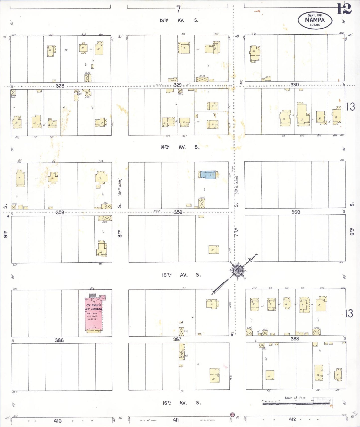 Sanborn Fire Insurance Map from Nampa, Canyon County, Idaho (1911), Sheet #0012 - Historic Sanborn Fire Insurance Map Print, vintage old map wall art, antique decor, genealogy gift, Idaho Idaho map