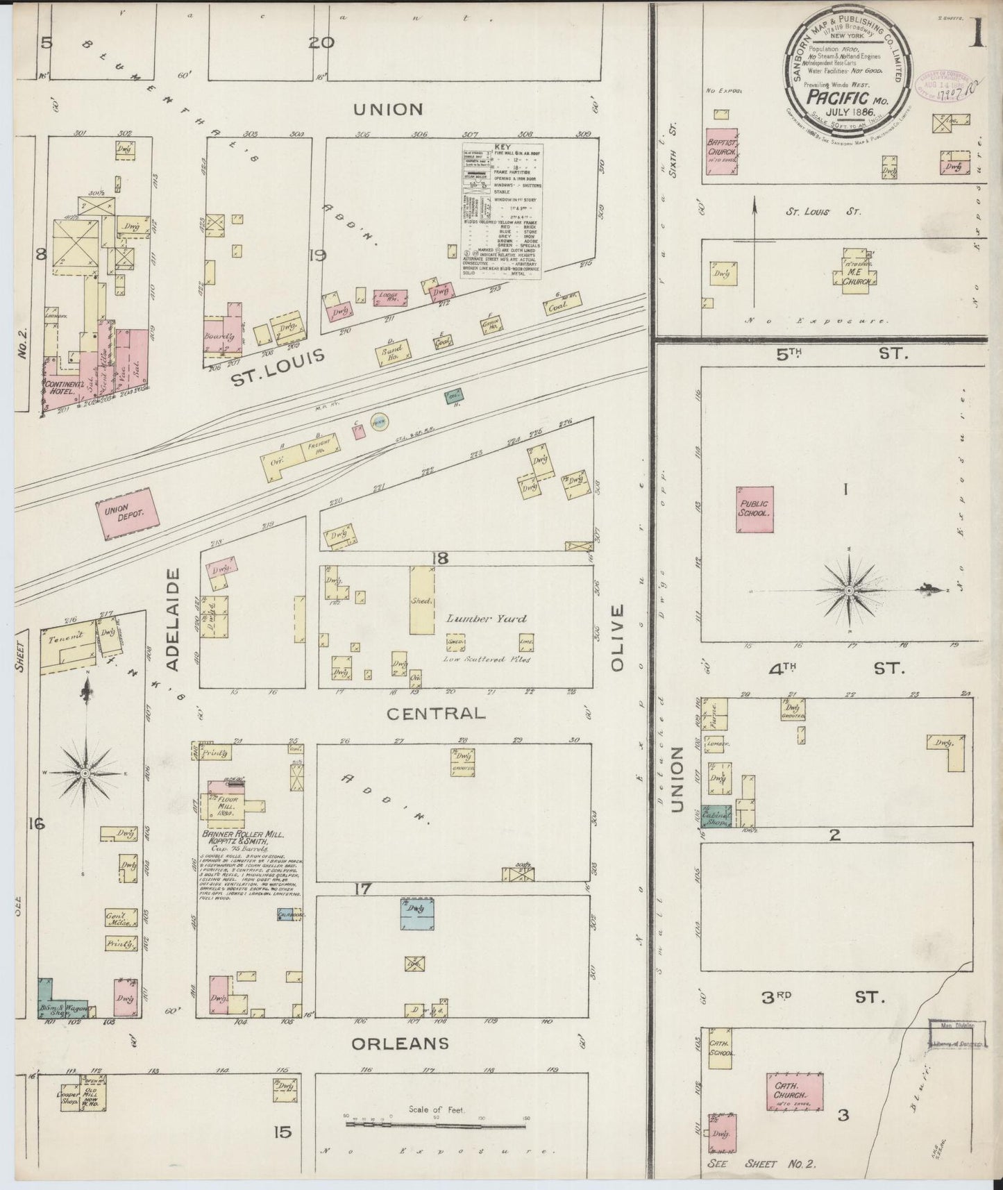 Sanborn Fire Insurance Map from Pacific, Franklin County, Missouri (1886), Sheet #0001 - Complete Map Set gallery image, historic Sanborn map, vintage wall art, Missouri Missouri