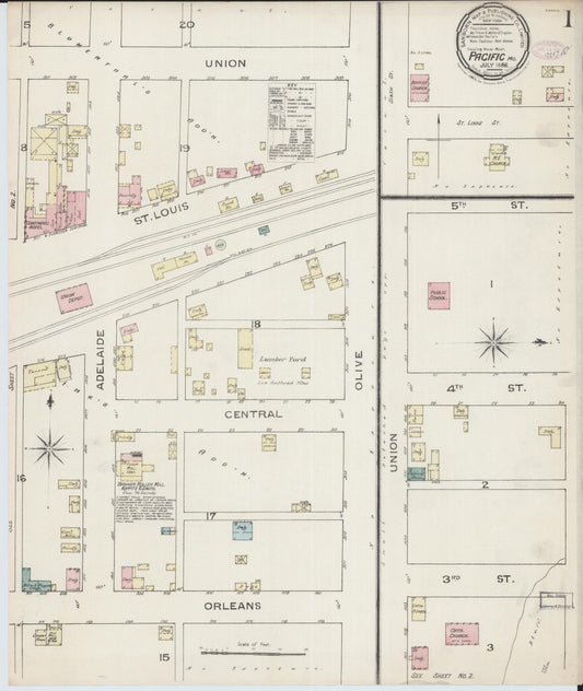 Sanborn Fire Insurance Map from Pacific, Franklin County, Missouri (1886), Sheet #0001 - Complete Map Set gallery image, historic Sanborn map, vintage wall art, Missouri Missouri