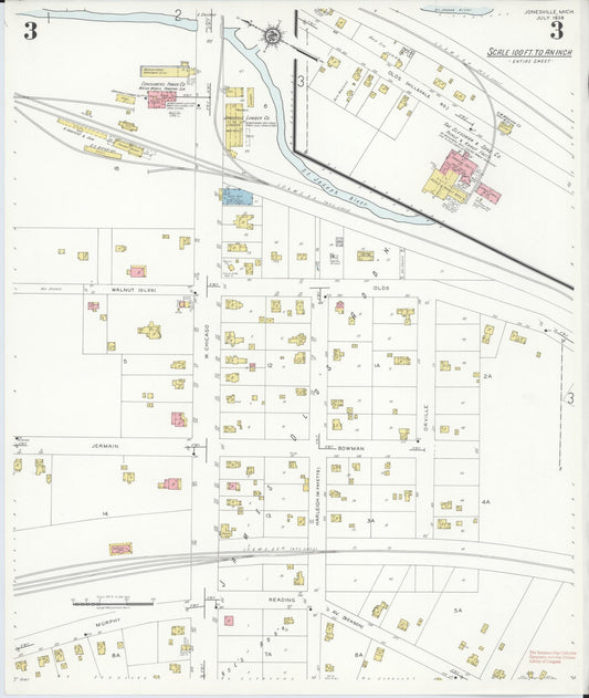 Sanborn Fire Insurance Map from Jonesville, Hillsdale County, Michigan (1938), Sheet #0003 - Historic Sanborn Fire Insurance Map Print, vintage old map wall art, antique decor, genealogy gift, Michigan Michigan map