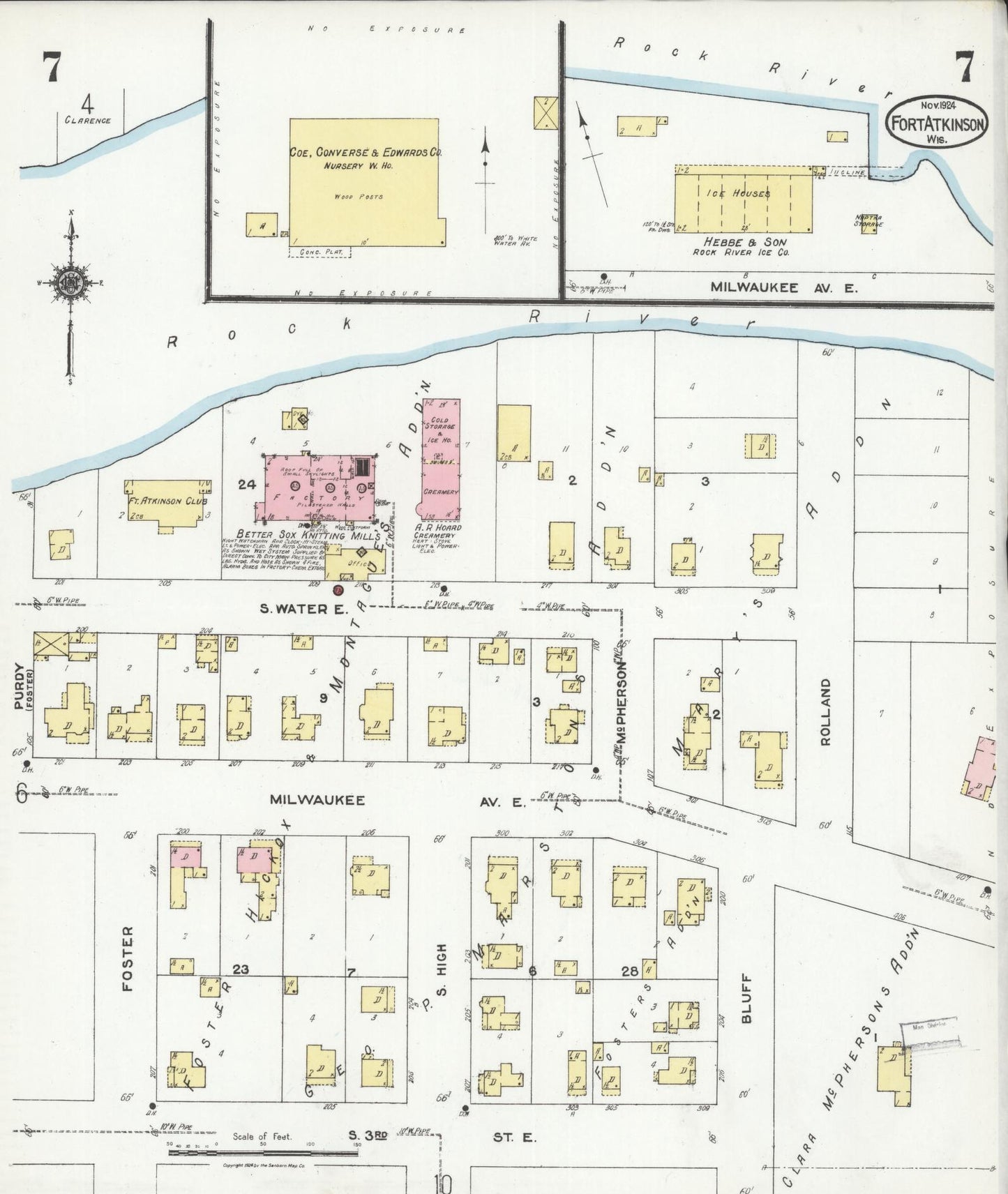 Sanborn Fire Insurance Map from Fort Atkinson, Jefferson County, Wisconsin (1924), Sheet #0007 - Historic Sanborn Fire Insurance Map Print, vintage old map wall art, antique decor, genealogy gift, Wisconsin Wisconsin map