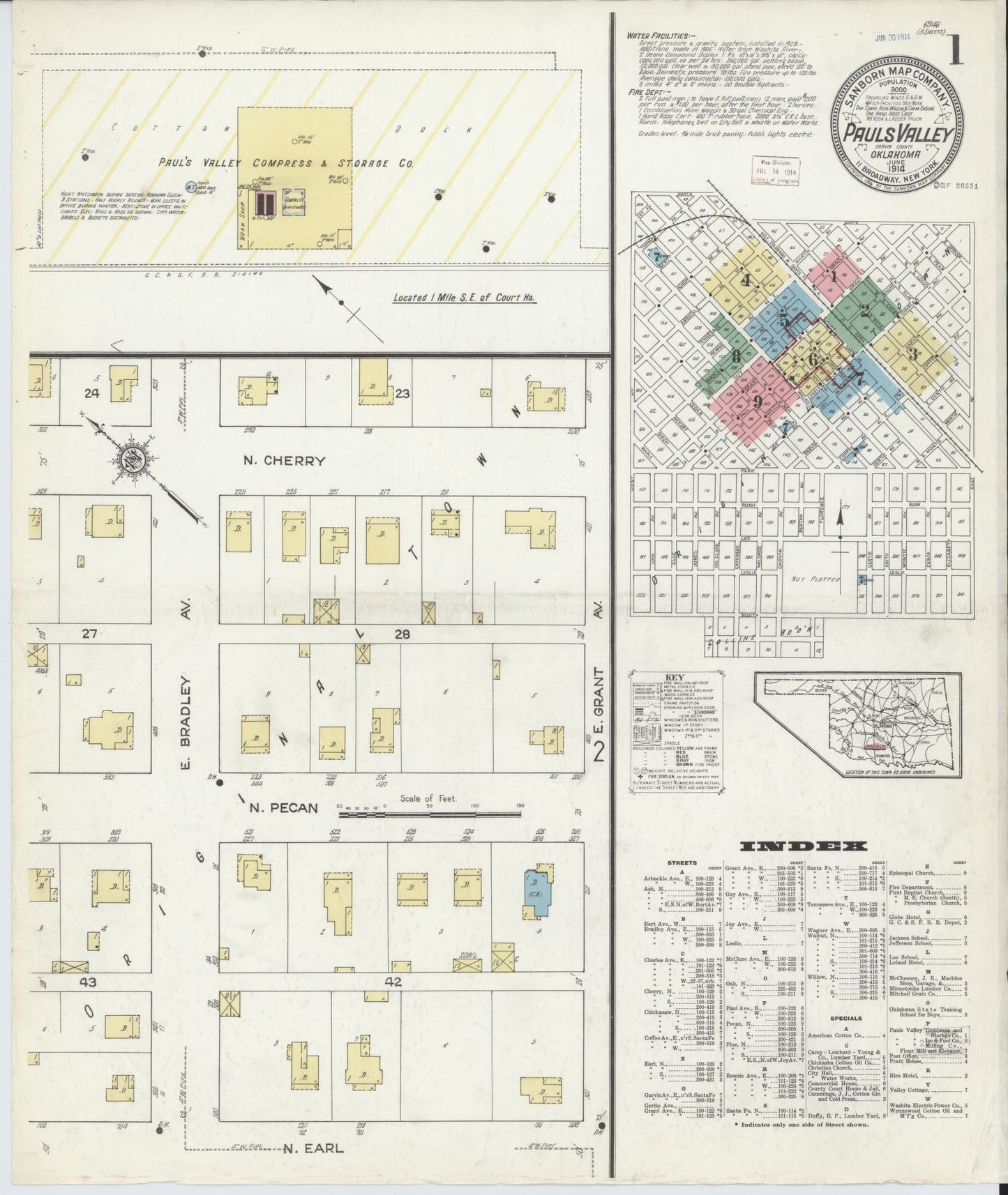 Sanborn Fire Insurance Map from Pauls Valley, Garvin County, Oklahoma (1914), Sheet #0001 - Historic Sanborn Fire Insurance Map Print, vintage old map wall art, antique decor, genealogy gift, Oklahoma Oklahoma map