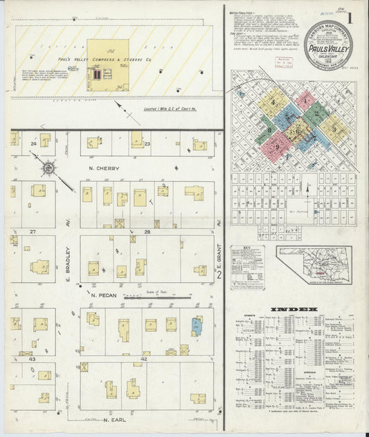 Sanborn Fire Insurance Map from Pauls Valley, Garvin County, Oklahoma (1914), Sheet #0001 - Historic Sanborn Fire Insurance Map Print, vintage old map wall art, antique decor, genealogy gift, Oklahoma Oklahoma map